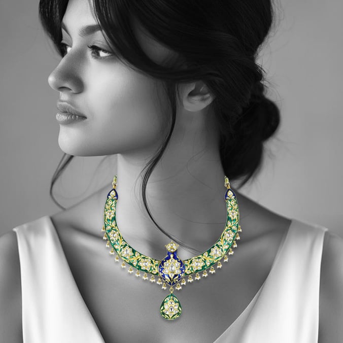 Peacock Motif Hasli Necklace with Polki and Enamel Detailing